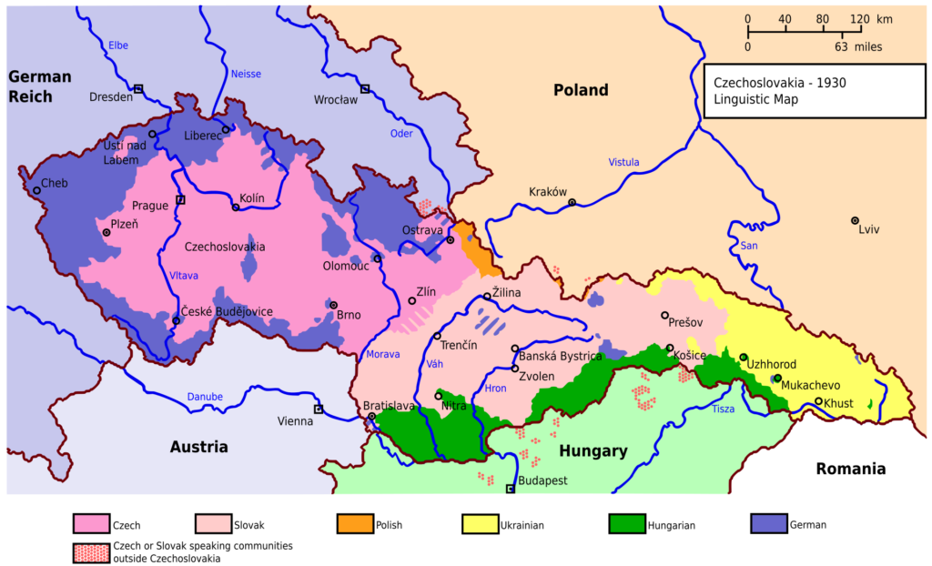 Mapa narodowości w Czechosłowacji w 1930 r. Źródło: Autorstwa praca pochodna: Henry Mühlpfordt / Czechoslovakia 1930 linguistic map - en.jpg: Mariusz Pazdziora - Czechoslovakia 1930 linguistic map - en.jpg, CC BY 3.0, https://commons.wikimedia.org/w/index.php?curid=5099346