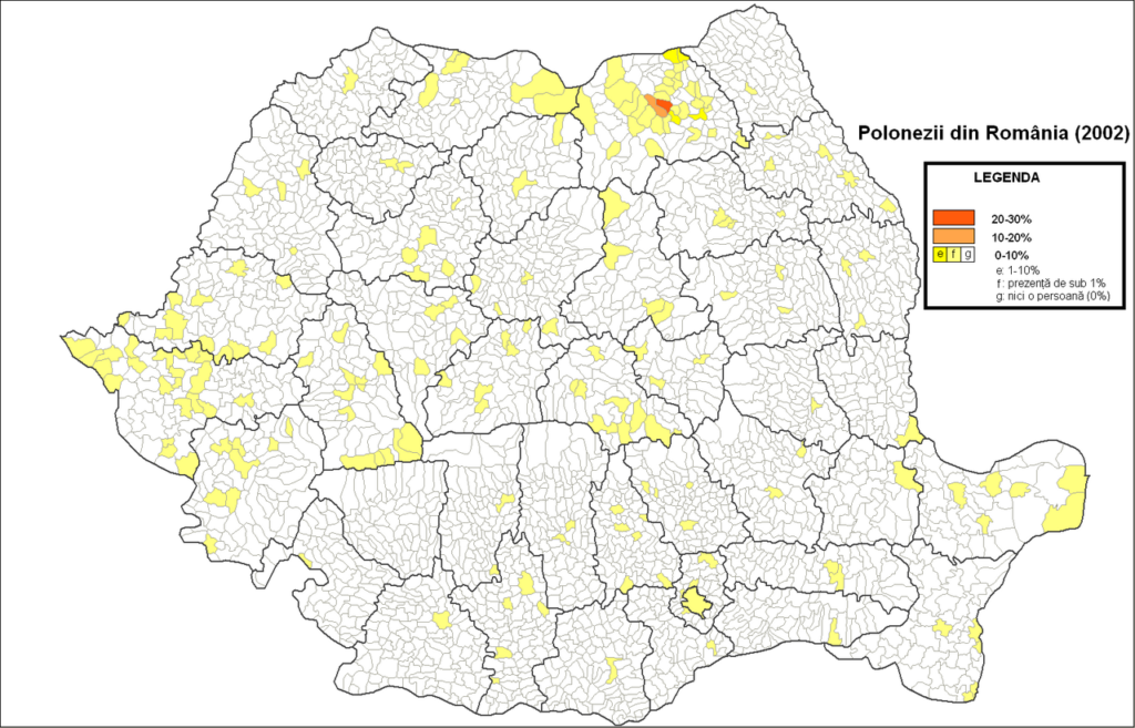 Rozmieszczenie Polaków w Rumunii (2002 r). Źródło: Autorstwa Olahus - Praca własna, CC BY-SA 3.0, https://commons.wikimedia.org/w/index.php?curid=15126833