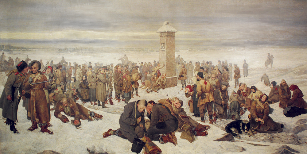 Aleksander Sochaczewski, "Pożegnanie Europy". Grupa zesłanych Sybiraków przy obelisku na granicy Europy i Azji. Źródło: Sochaczewski, Public domain, via Wikimedia Commons
