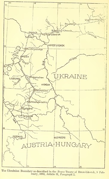 Nowa granica między Polską a Ukrainą ustanowiona mocą traktu brzeskiego z dnia 9 lutego 1918 roku. Źródło: United States Government Publishing Office, Public domain, via Wikimedia Commons.