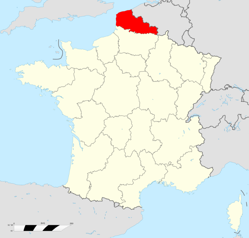 Położenie regiony Nord-Pas-de-Calais na mapie Francji. Źródło: Sting, modifications by Wikialine, CC BY-SA 3.0, via Wikimedia Commons
